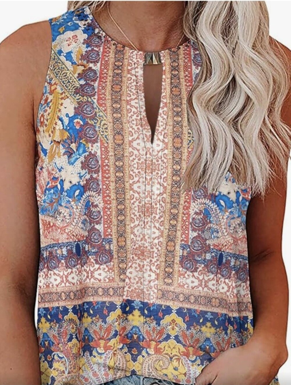 Boho Keyhole Sleeveless Camisole in Blue & Multicolor
